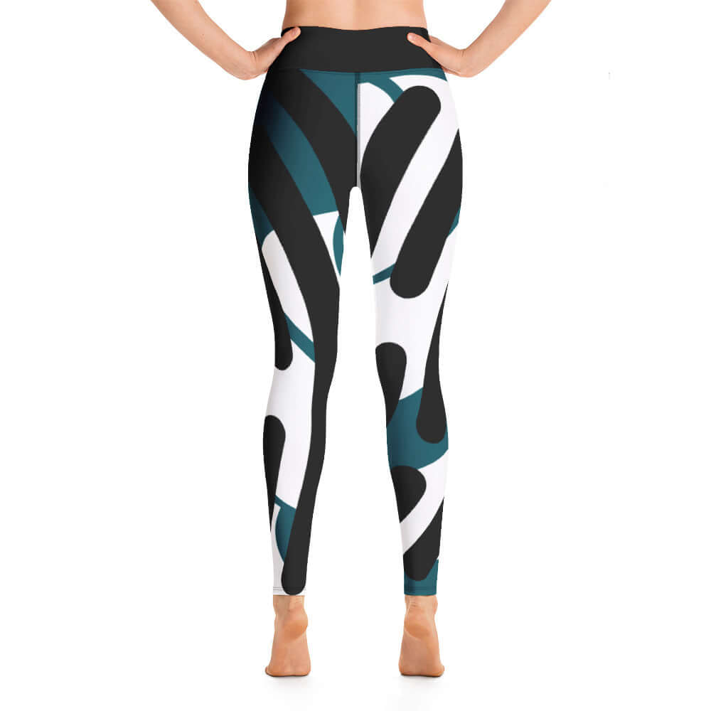 Back view of Yoga-Leggings N°3 with abstract black and white pattern and high waistband, made of polyester and elastane for comfort and stretch.