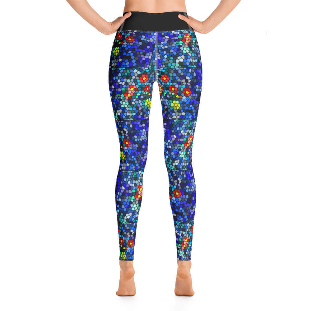 Back view of colorful Yoga-Leggings N°14 with floral mosaic pattern, featuring high waist and four-way stretch for comfort and movement.