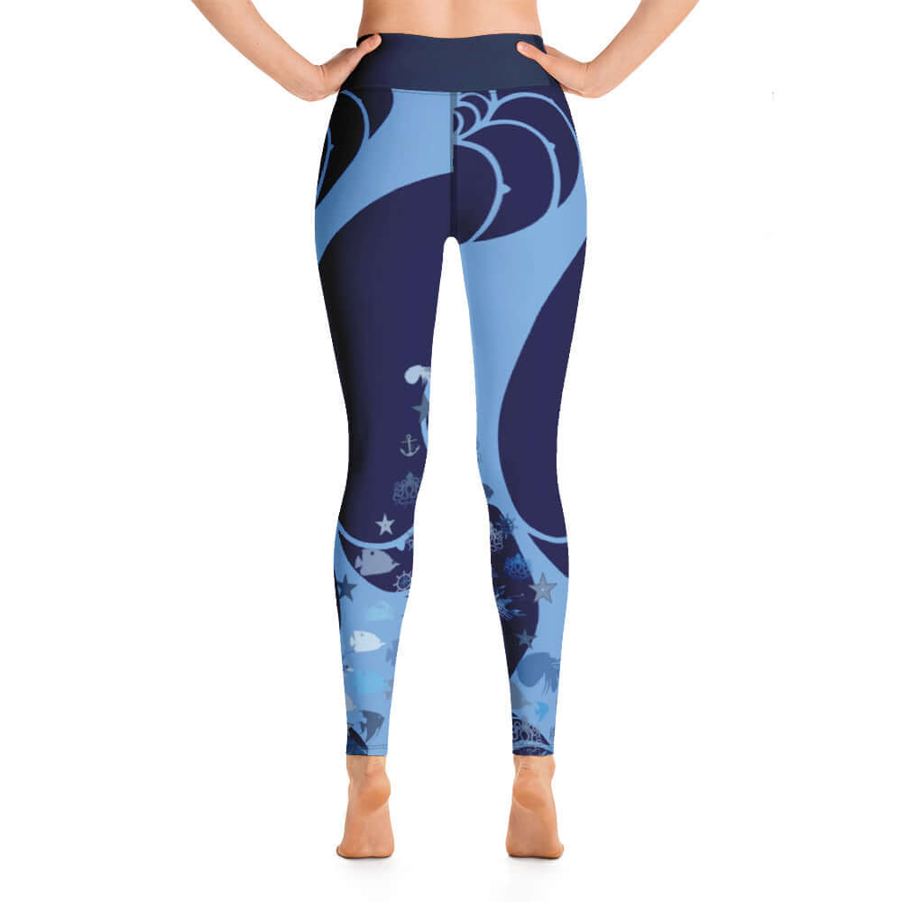 Back view of Yoga-Leggings N°20 showcasing blue design and high-waisted fit, ideal for yoga. Made from soft, stretchy polyester-elastane mix.