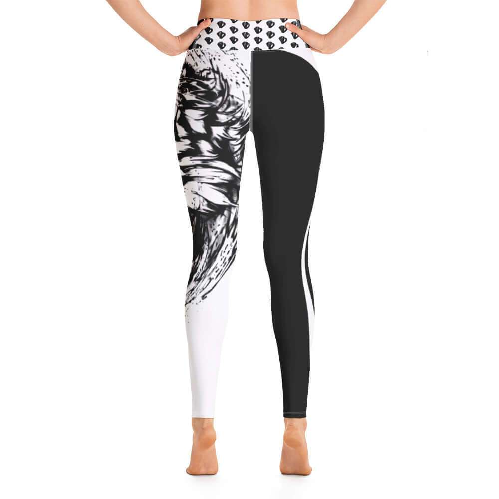 Black and white Yoga-Leggings N°28 with artistic design, showcasing stretchy and comfortable material, high-waist fit, back view.