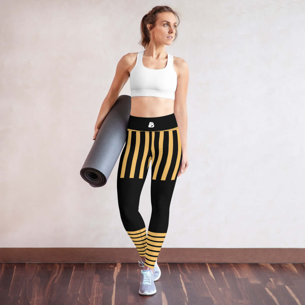 Woman wearing Yoga-Leggings N°5 with a yoga mat, showcasing super soft, stretchy, and comfortable fit ideal for exercise and casual wear.