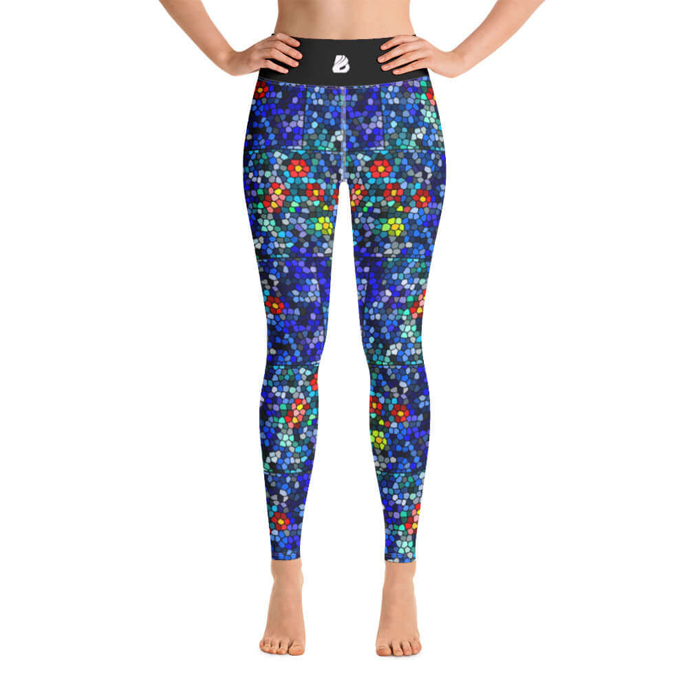 Yoga-Leggings N°14 with colorful mosaic pattern and high waistband, made from soft, stretchy fabric.