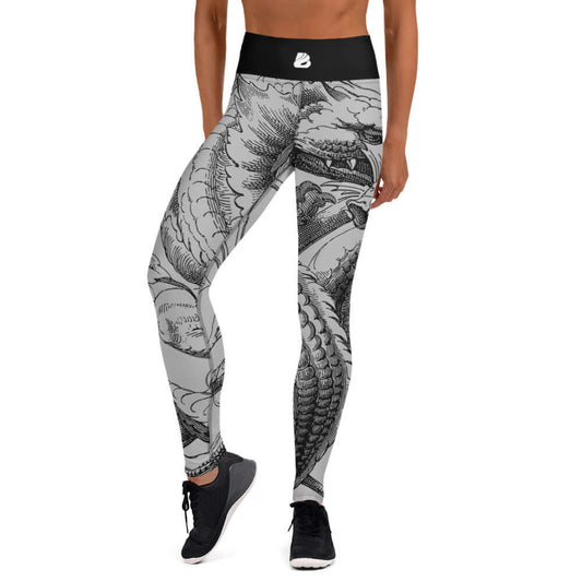 Woman wearing Yoga-Leggings N°15 with dragon pattern, super soft and stretchy, ideal for workouts with comfort and style.