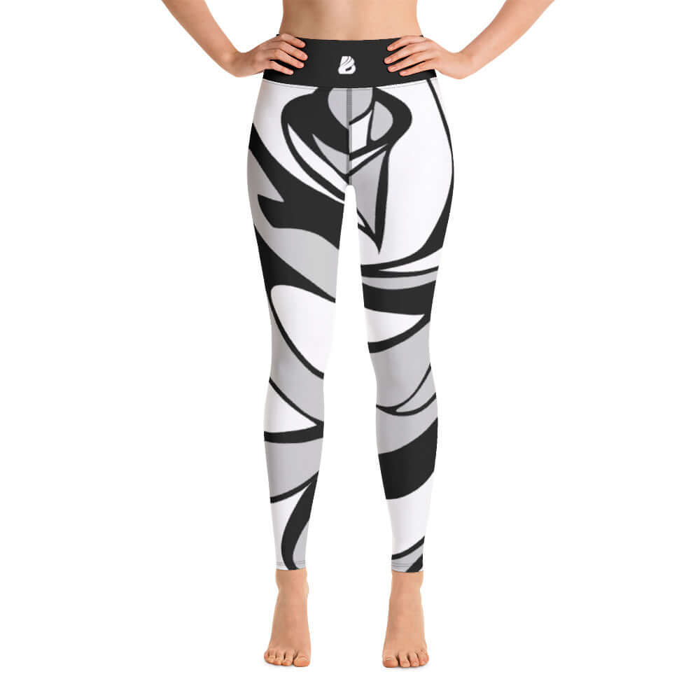 Yoga-Leggings N°21, super weiche und dehnbare Leggings aus Polyester und Elastan mit schwarzem Muster und erhöhtem Bund