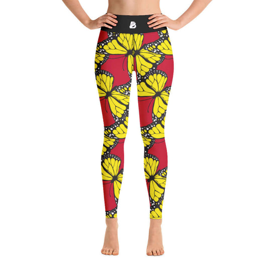 Yoga-Leggings N°27 with yellow butterfly print on red fabric, providing super soft, stretchy comfort for yoga enthusiasts.