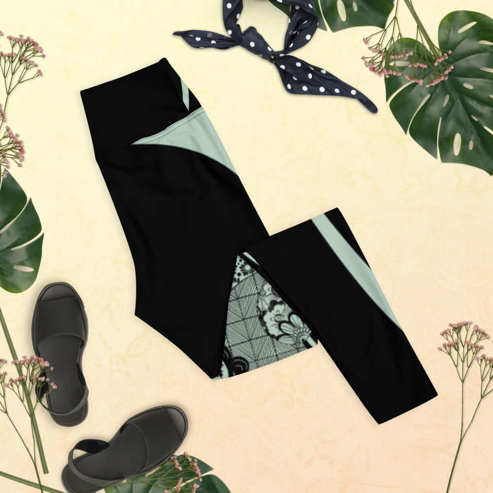 Yoga-Leggings N°29 with floral pattern surrounded by sandals and scarf, showcasing stretch fabric and high-waist design.