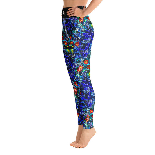 Side view of Yoga-Leggings N°14 with colorful abstract pattern, featuring high waist and four-way stretch fabric for comfort.