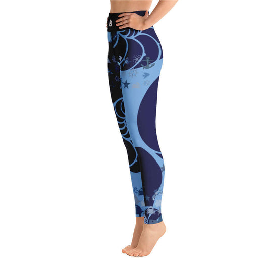 Yoga-Leggings N°20 featuring a blue and black abstract design, super soft and stretchy fabric, with a high waistband, size XS-XL.