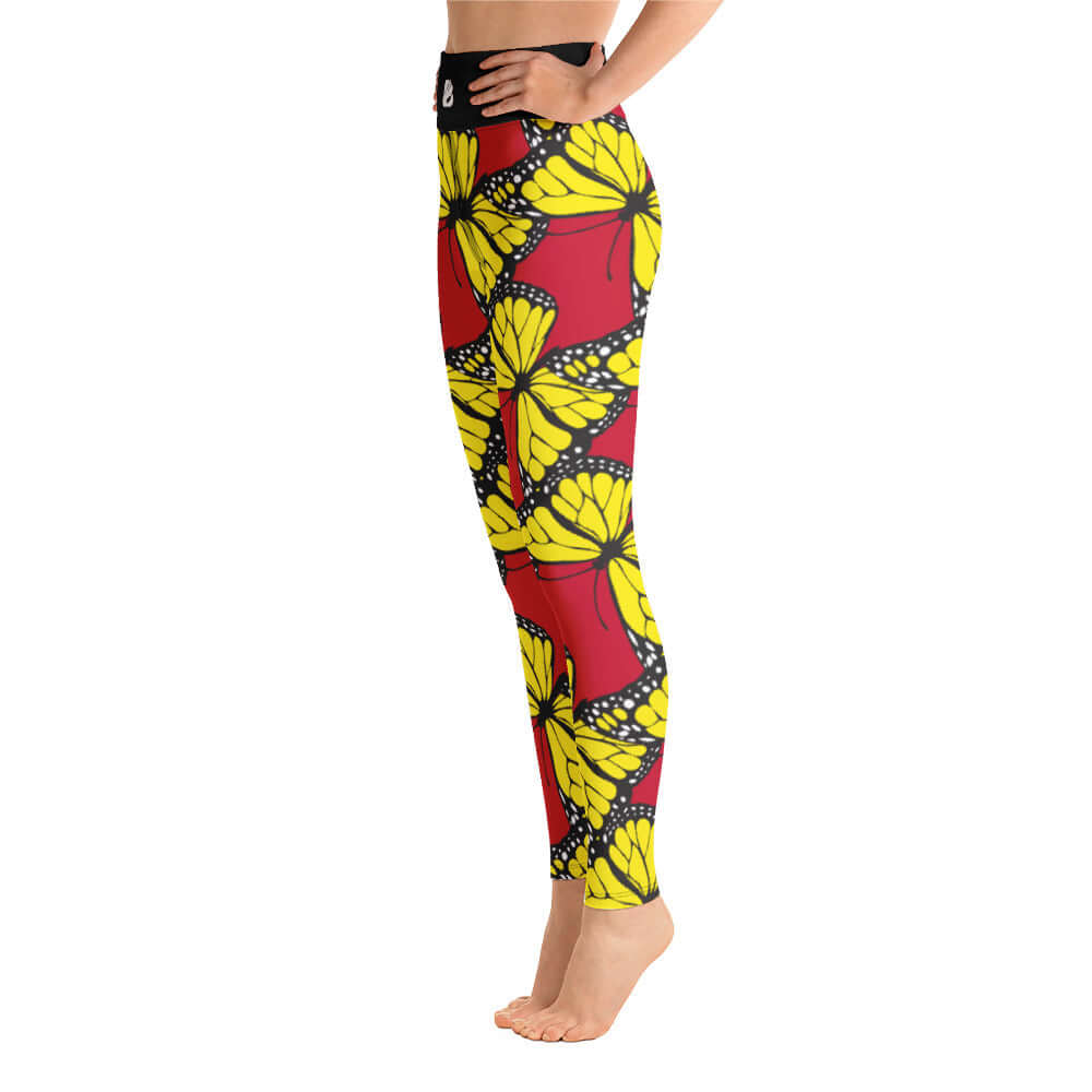Yoga-Leggings N°27 featuring vibrant butterfly print, high-waist design, super soft and stretchy material, side view.