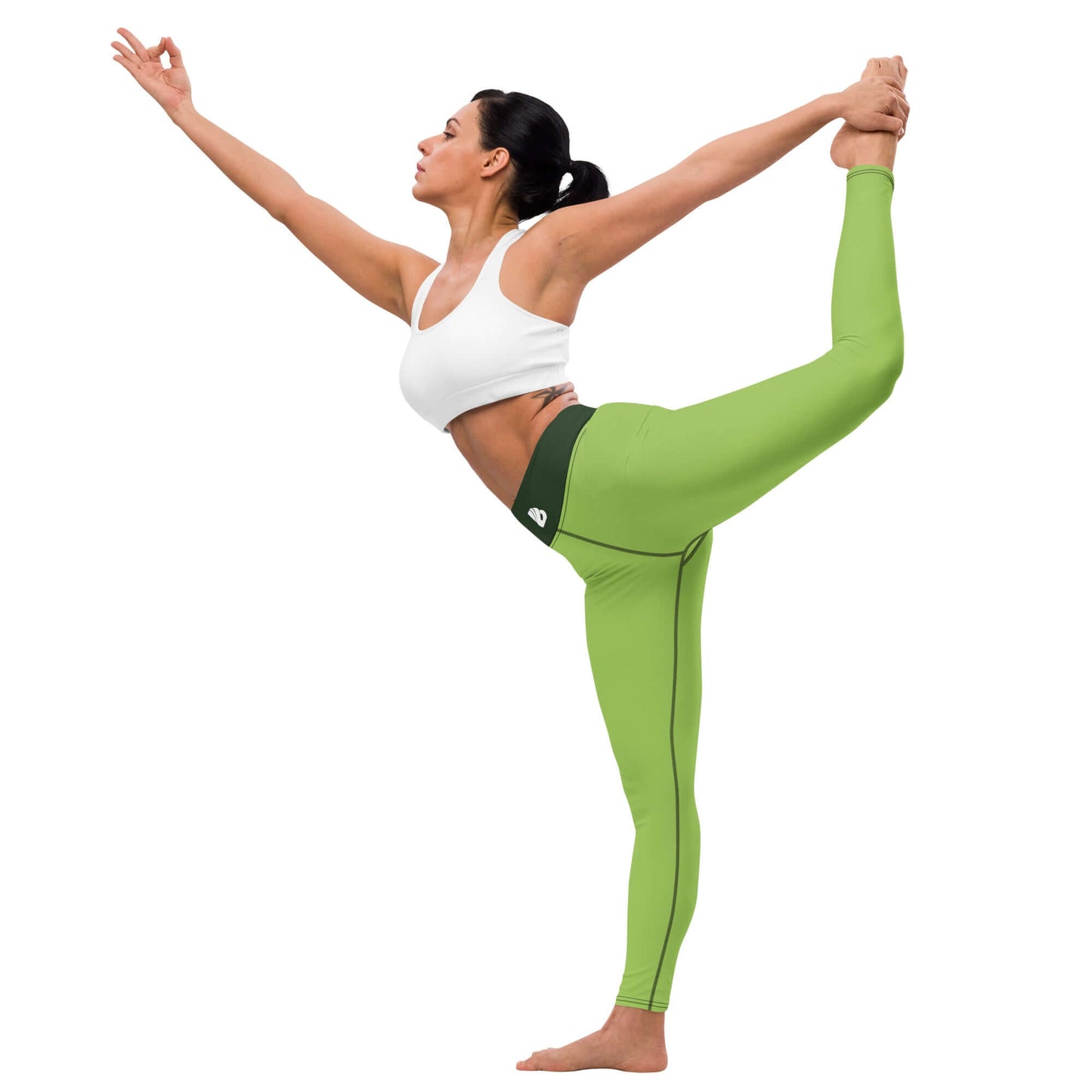 Woman practicing yoga wearing green Yoga-Leggings N°43, showcasing flexibility and comfort with high-waisted design and four-way stretch.