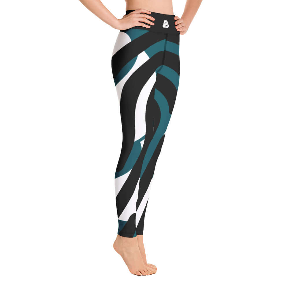 Yoga-Leggings N°3 in black and teal with abstract pattern, featuring super soft, stretchy fabric and high waist design for comfortable yoga practice.