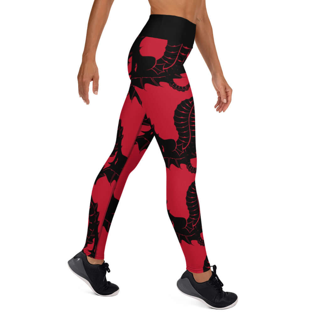 Yoga-Leggings N°23 featuring red and black dragon design, super soft and stretchy fabric, four-way stretch, high waistband for comfort.