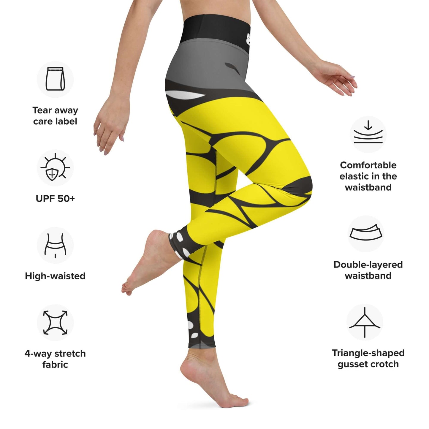 Yoga-Leggings N°41 with four-way stretch yellow-black pattern, high-waisted, comfortable elastic waistband, UPF 50+, double-layered waistband.