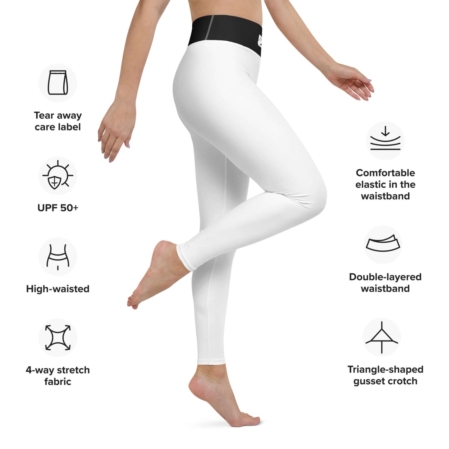 Side view of Yoga-Leggings N°44 showcasing features like UPF 50+, high-waisted, 4-way stretch fabric, and tear-away care label.