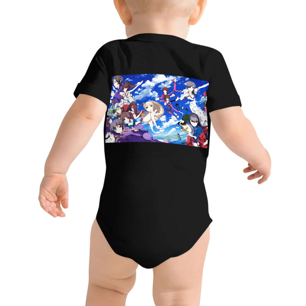Kurzärmliger Baby-Einteiler N°0 in black with animated print, made of 100% cotton, featuring snap closures and envelope neckline for comfort.
