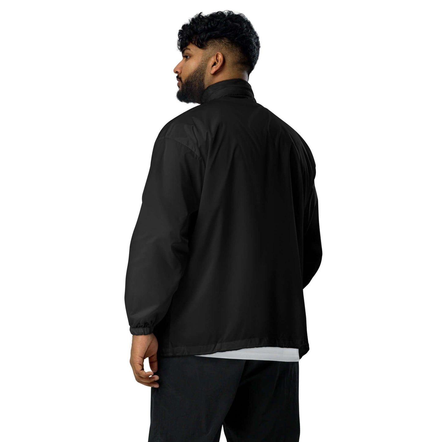 Basic-Unisex-Windbreaker N°0 in black, displayed from the back showing its lightweight and durable design with zipper and elastic cuffs.