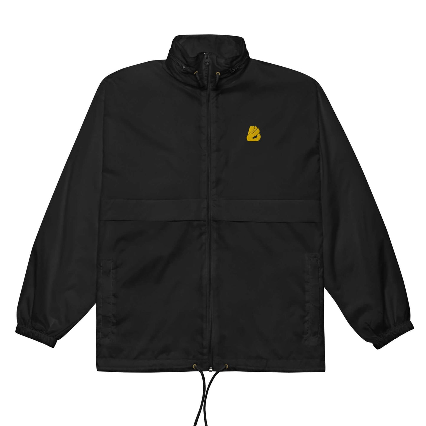 Basic-Unisex-Windbreaker N°0, black windbreaker with a yellow logo, zipper closure and elastic cuffs. Lightweight, durable, water-repellent design.
