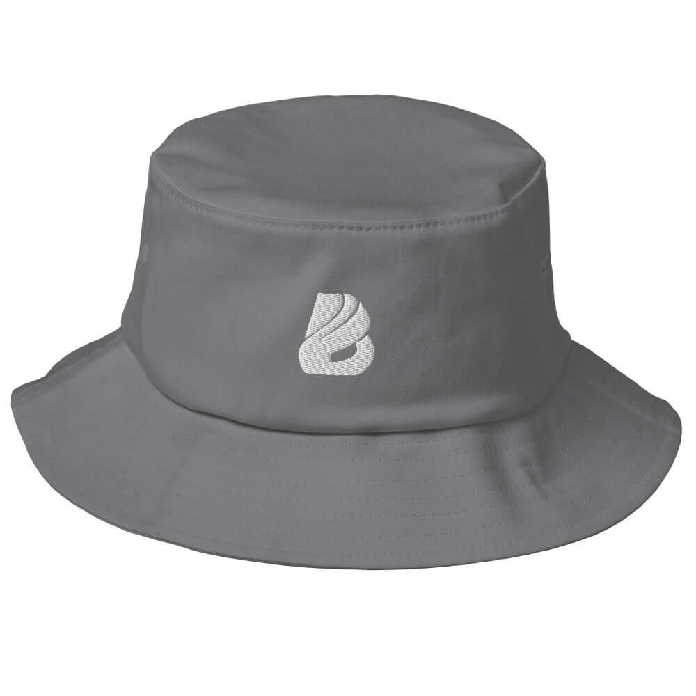 Alt Tag: Grau Old School-Fischerhut N°0 mit gesticktem Logo, ideal zum Angeln und Wandern, inspiriert von 80er und 90er Vintage-Stil.