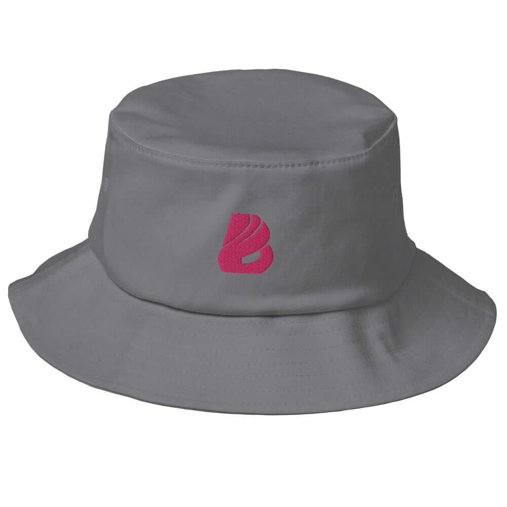 Grey Old School-Fischerhut N°1 with pink embroidered logo, vintage-style, perfect for fishing and hiking, made of 98% cotton, 2% elastane.