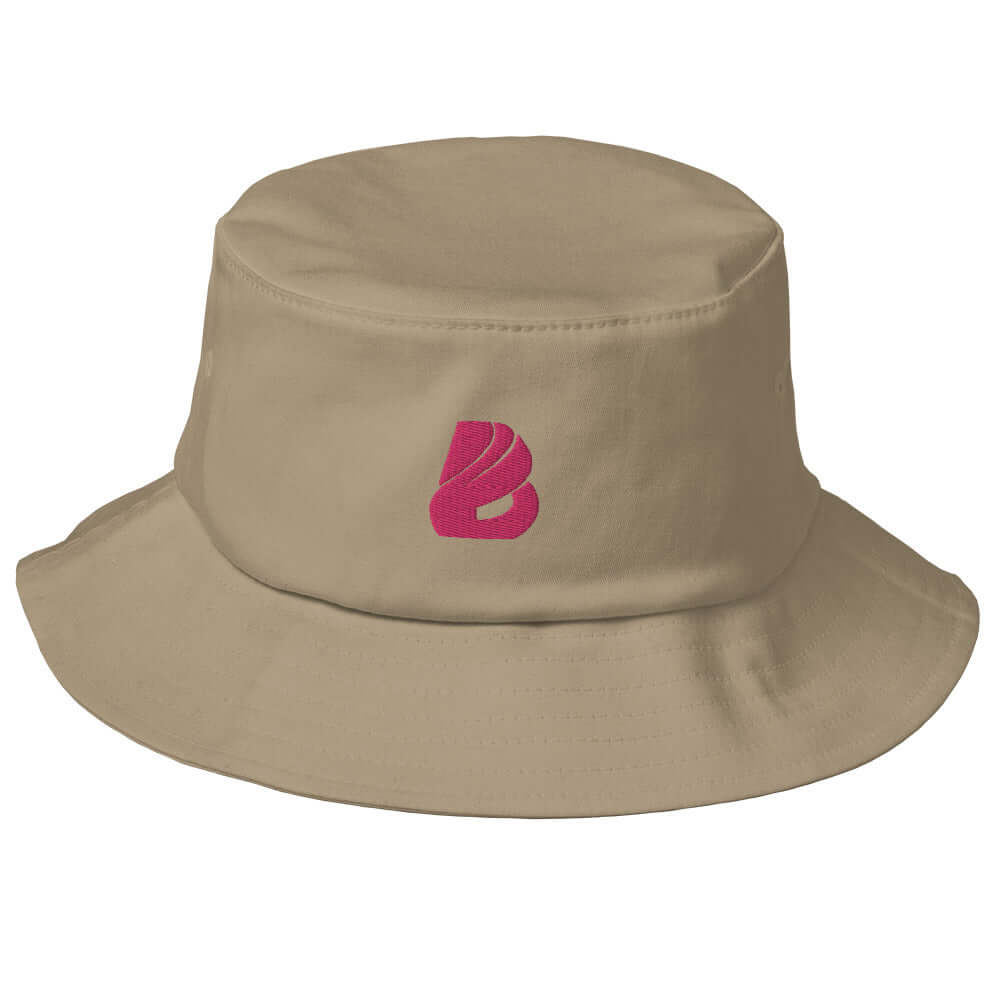 Old School-Fischerhut N°1 beige bucket hat with pink logo, vintage style, perfect for fishing and hiking, one-size fits all.
