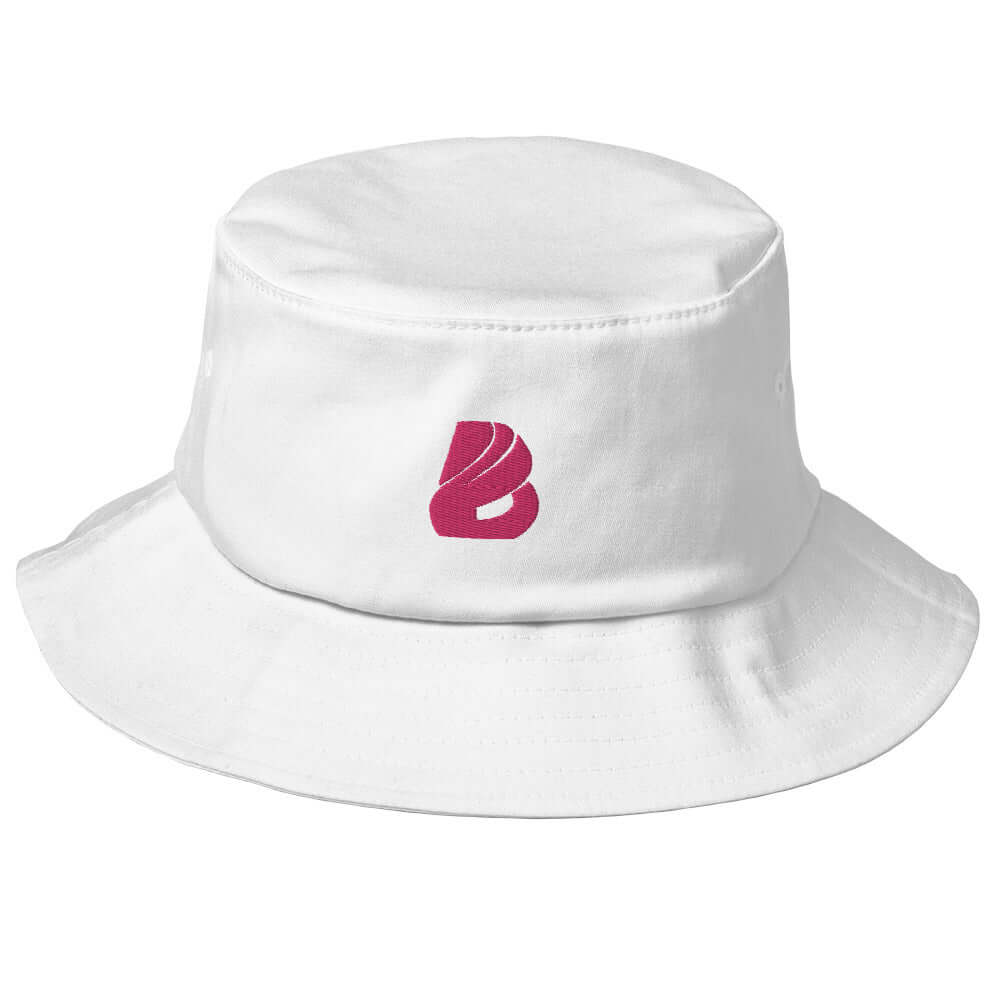 Old School-Fischerhut N°1 in white with a pink logo, 98% cotton, 2% elastane, vintage style bucket hat, perfect for outdoor activities.