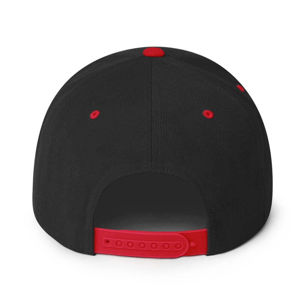 Back view of black and red Snapback-Cap N°6 with adjustable snap closure and embroidered eyelets