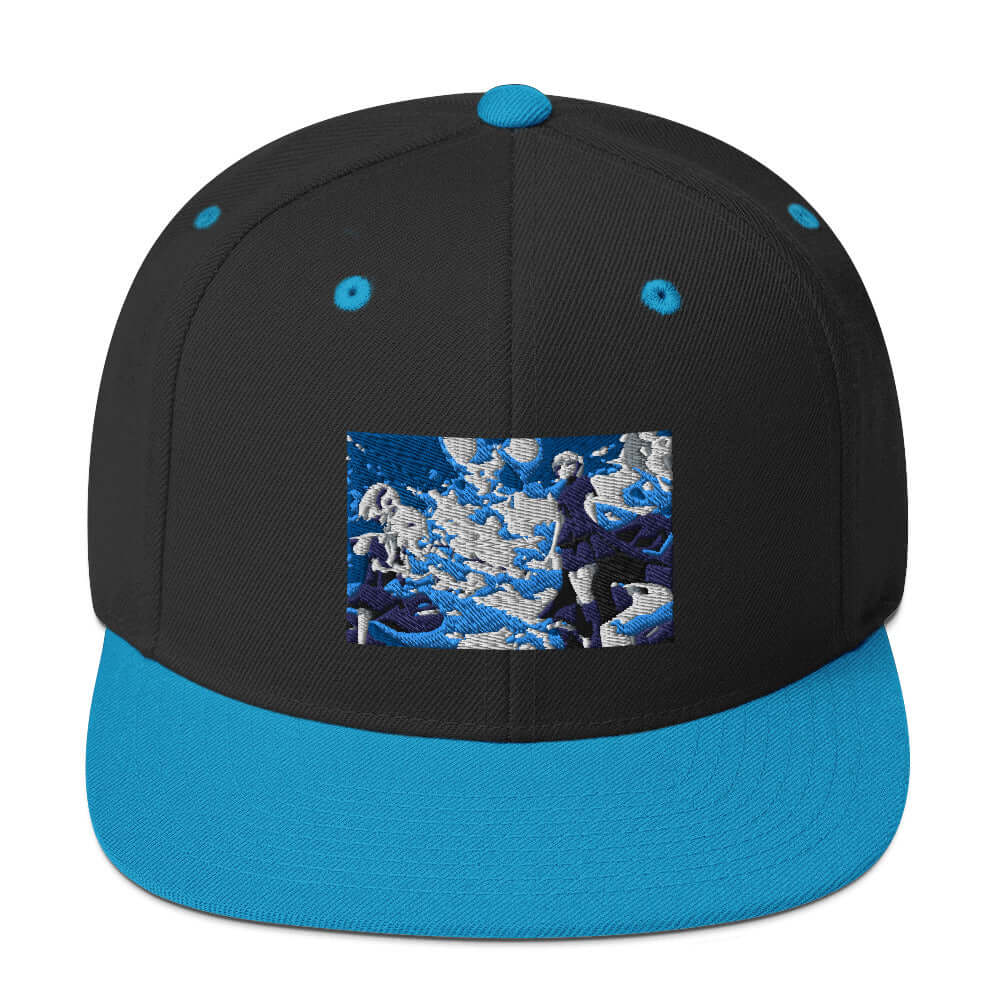 Snapback-Cap N°5 with blue flat brim and embroidered artwork on front