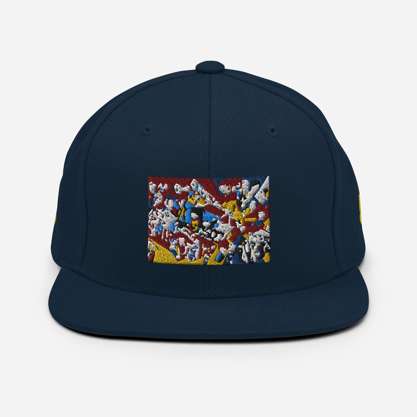 Snapback-Cap N°4 with embroidered vibrant design, black flat brim hat featuring adjustable plastic snap closure, universal fit
