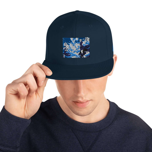 Man wearing Snapback-Cap N°5 with embroidered blue pattern, classic flat brim, structured high-profile, adjustable snap closure.