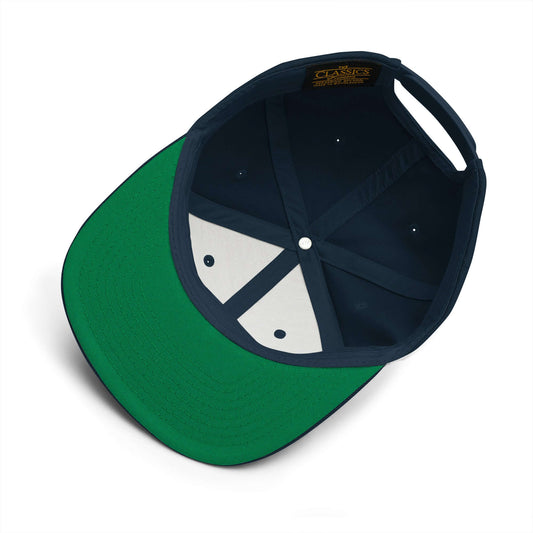 Interior view of Snapback-Cap N°4 with green underbrim and adjustable closure, showing structured 6-panel design and embroidered eyelets.