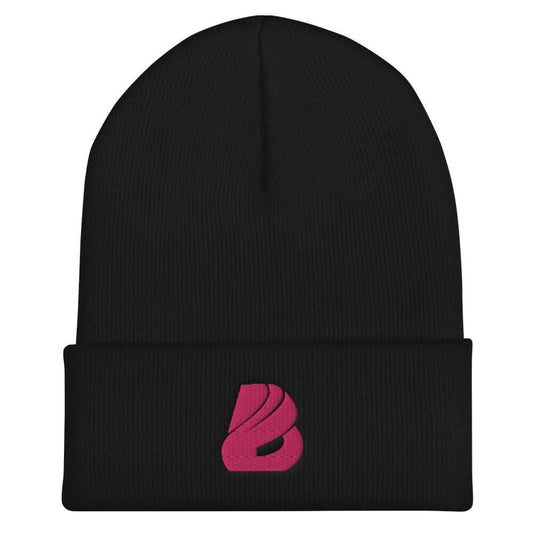 Umgeschlagene Beanie N°1 in black with pink logo, cozy and snug fit, hypoallergenic acrylic, unisex design, keeps head warm, 30 cm length.