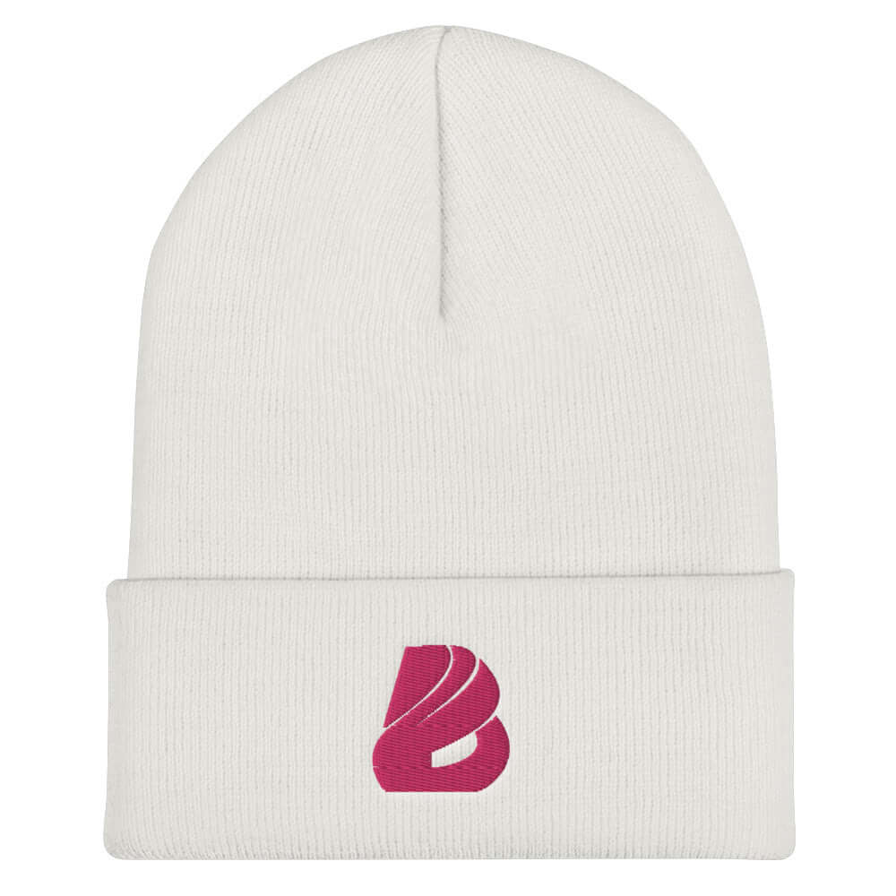 Umgeschlagene Beanie N°1 in Weiß, eng anliegend und kuschlig, mit rosa Logo, hypoallergen, 100% Turbo-Acryl, ideal für kaltes Wetter.