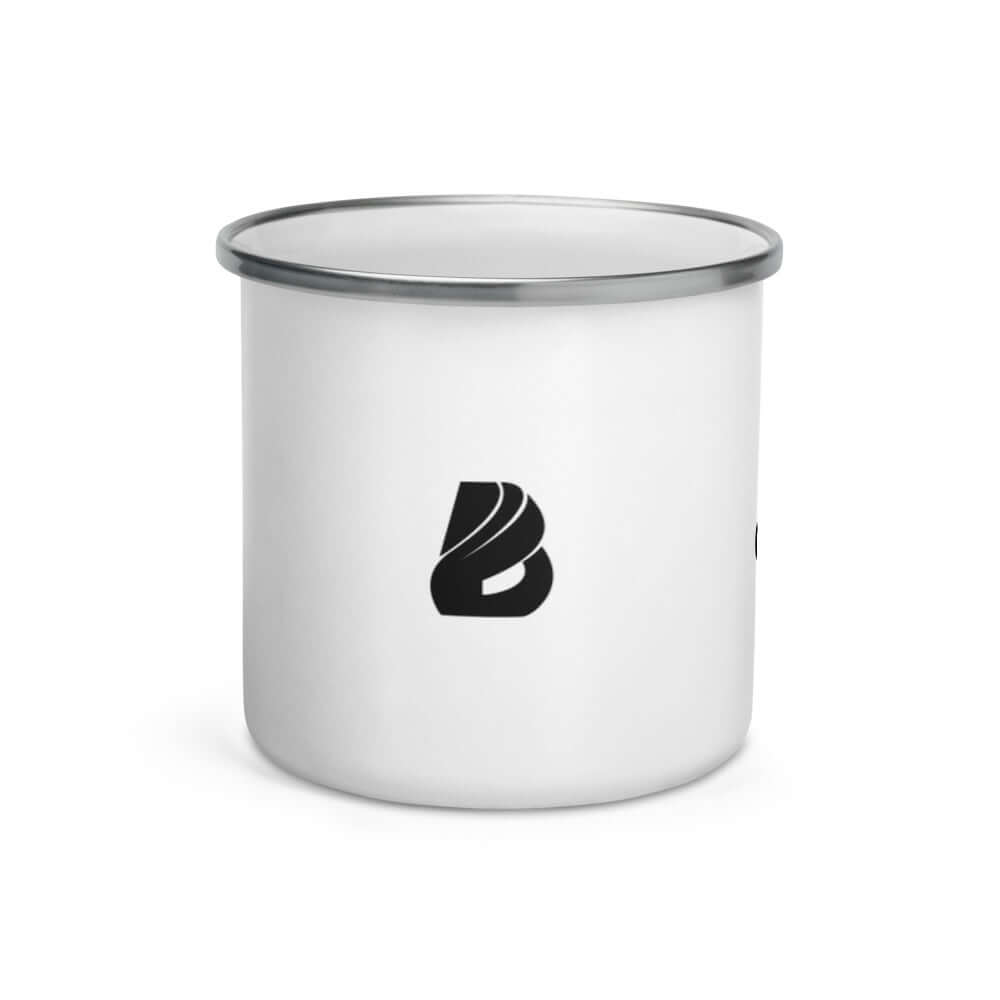 Emailletasse N°0 with white coating, silver rim, durable enamel material, perfect for camping and hiking.