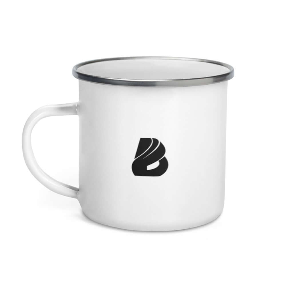 Emailletasse N°0 with white enamel and silver rim, ideal for camping and travel, featuring a durable, multifunctional design for drinks and meals.