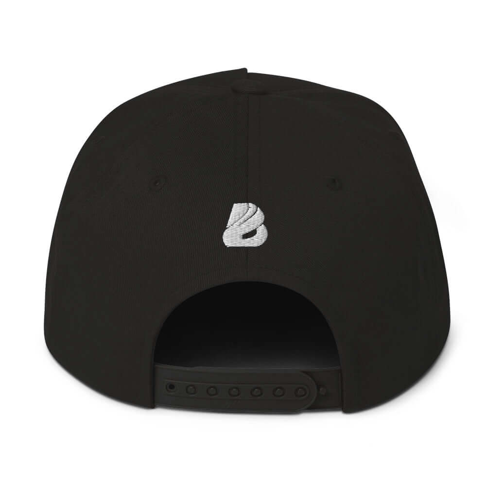 Back view of Flat Bill-Cap N°1 with snapback closure and logo, featuring a green undervisor and 100% cotton cord material.