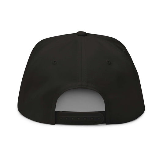 Back view of Flat Bill-Cap N°3 with snapback closure, green under visor, structured design, and black cotton-cord material.