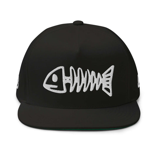 Flat Bill-Cap N°3 in black with fishbone embroidery, structured 5-panel design, green under-visor, snapback closure, unique style accessory.