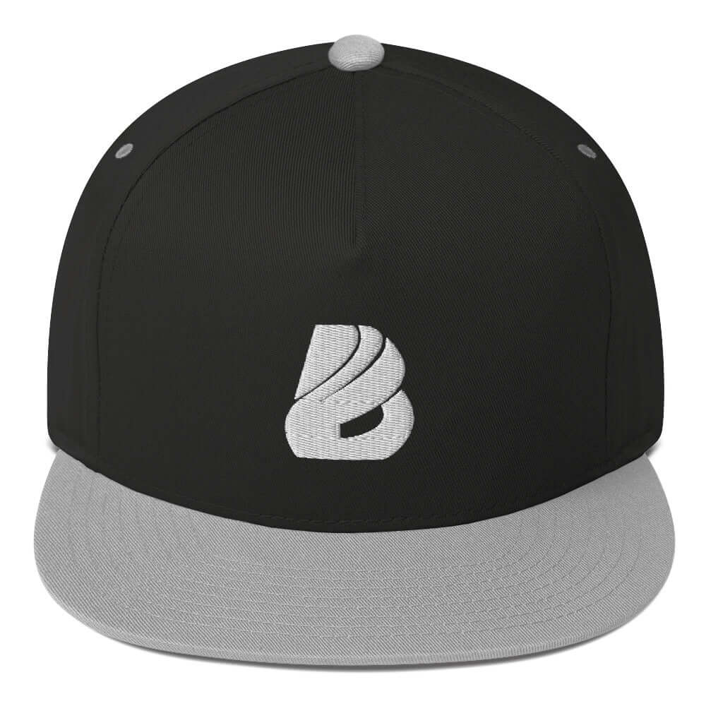 Flat Bill-Cap N°1 in black with grey brim, features structured design, 100% cotton corduroy, green under visor, and snapback closure.