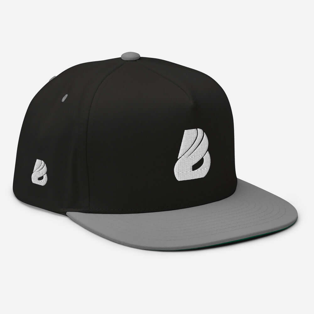 Flat Bill-Cap N°0 - Black and grey structured 5-panel hat with green underbill and snapback closure, high-profile, 100% cotton.