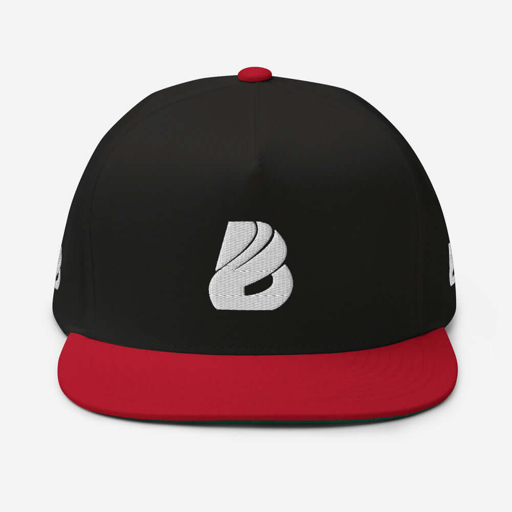 Flat Bill-Cap N°0 with black structured design, red flat brim, and green under visor; classic high-profile 5-panel snapback cap.