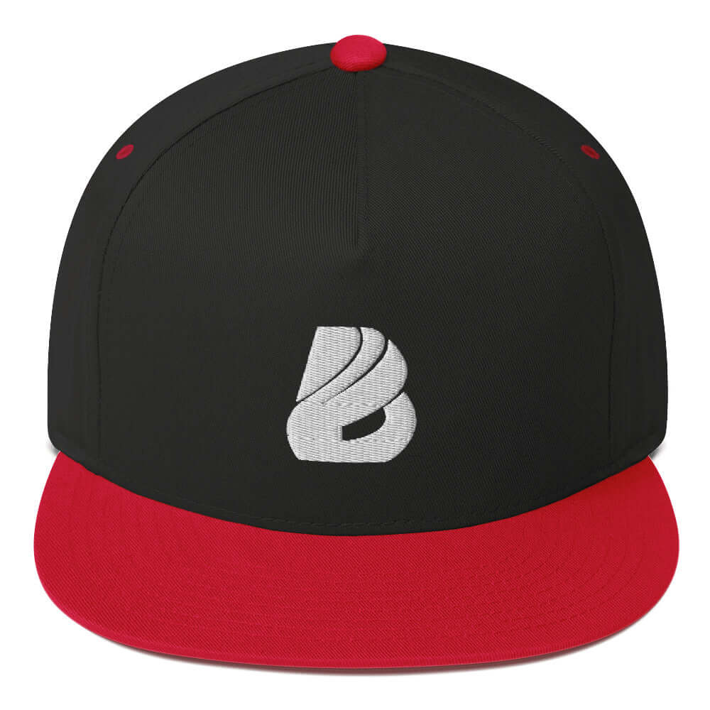 Flat Bill-Cap N°1 with a black crown and red visor, featuring a structured design and snapback closure with green undervisor.