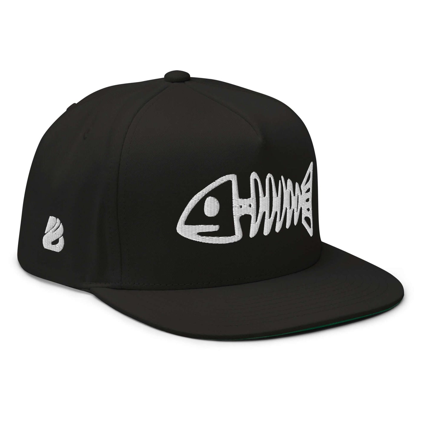 Flat Bill-Cap N°3 with fishbone embroidery, black snapback hat, high-profile, green undervisor, 100% cotton cord.