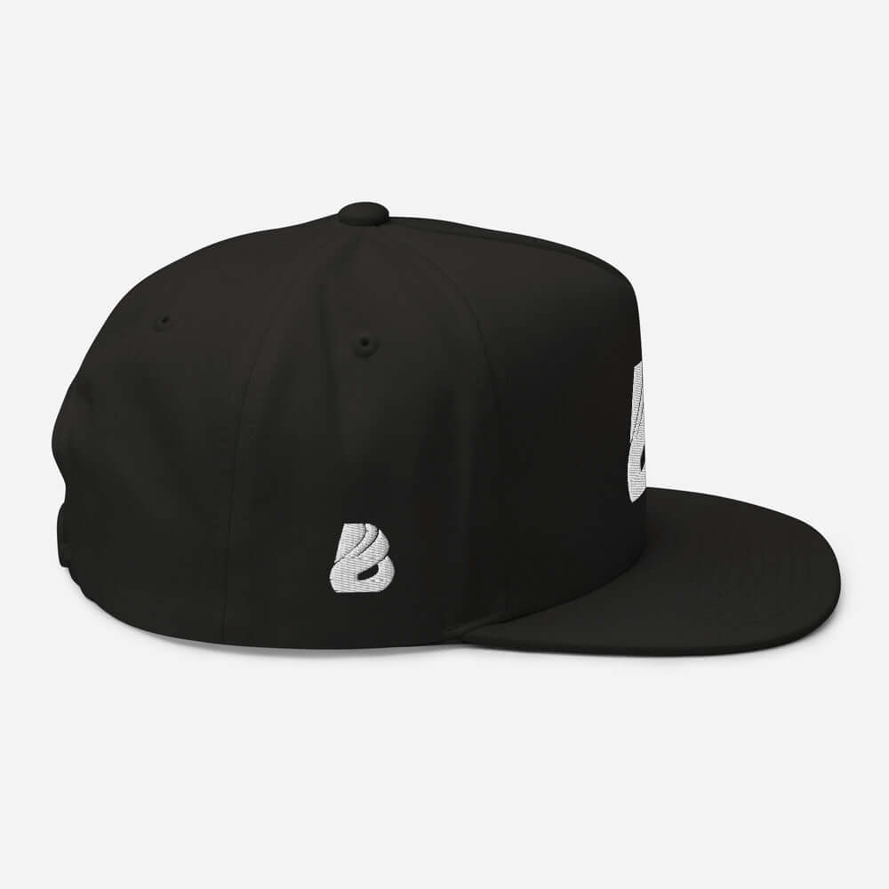 Flat Bill-Cap N°0 - Black structured 5-panel cap with green undervisor, snapback closure, and embroidered logo, 100% cotton cord.