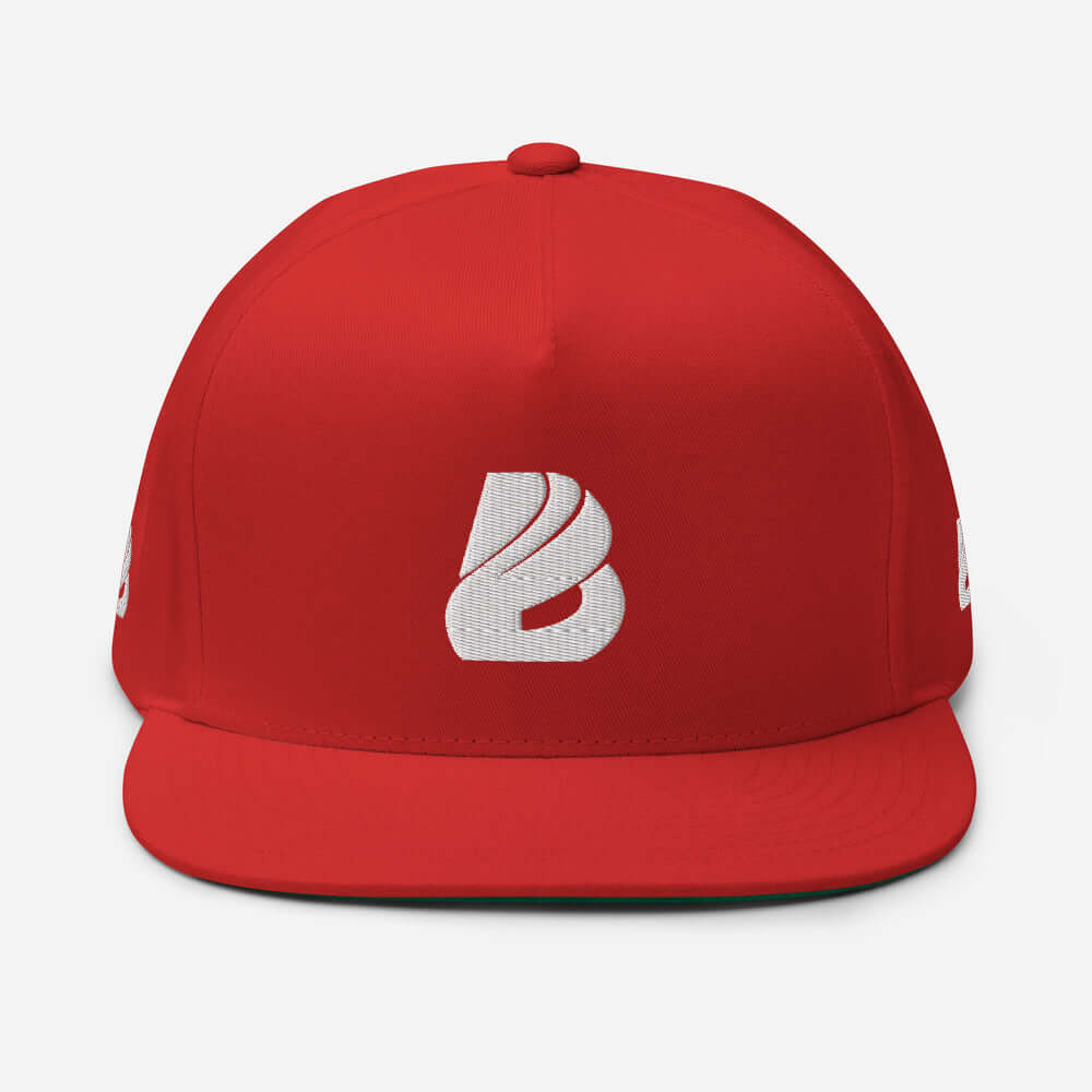 Red Flat Bill-Cap N°0 with white logo embroidery, high-profile structured design, and green under visor