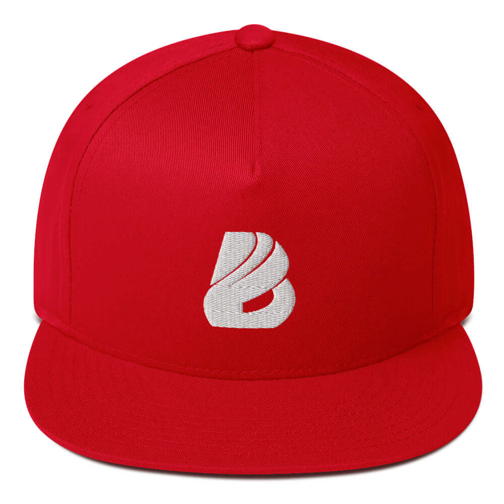 Flat Bill-Cap N°1 - Red structured 5-panel high-profile hat with green undervisor and snapback closure, ideal for style enthusiasts.