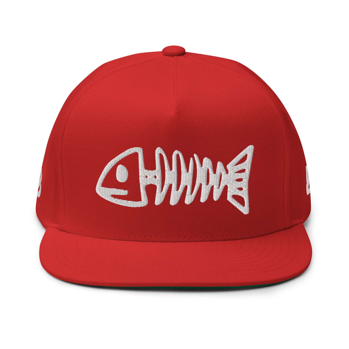 Flat Bill-Cap N°3, red cap with white embroidered fishbone design and classic snapback closure