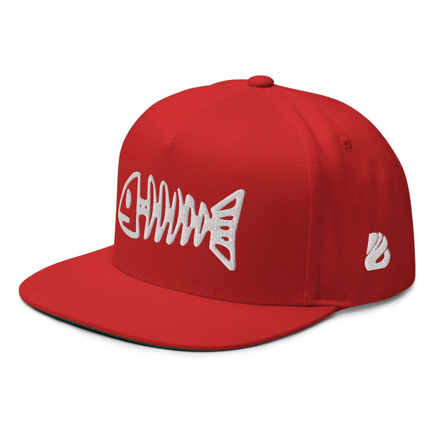 Red Flat Bill-Cap N°3 with fishbone embroidery and green undervisor, structured 5-panel high-profile with snapback closure.