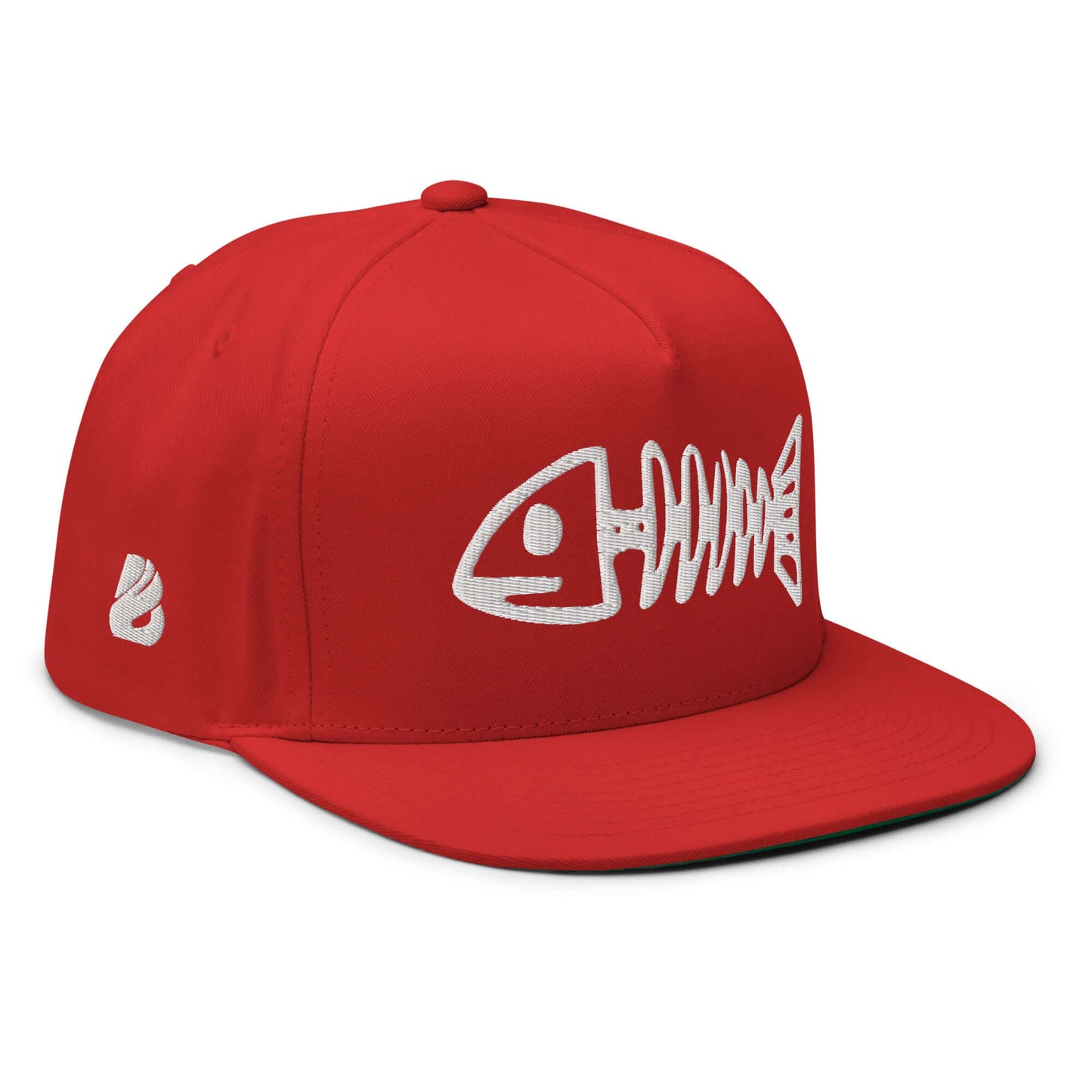 Red Flat Bill-Cap N°3 with white fishbone design, structured 5-panel, high-profile, green under visor, snapback closure