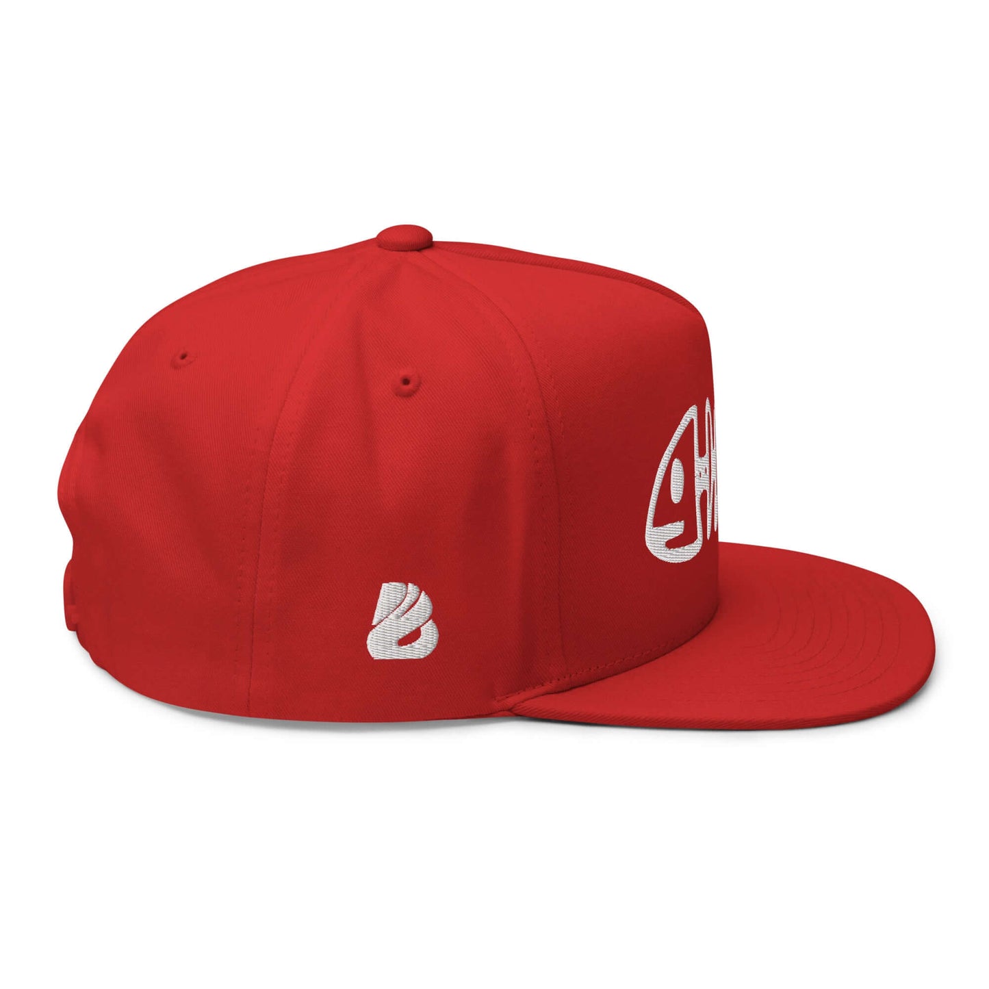 Red Flat Bill-Cap N°3 with white embroidered logo, structured 5-panel design, features green under visor and snapback closure.