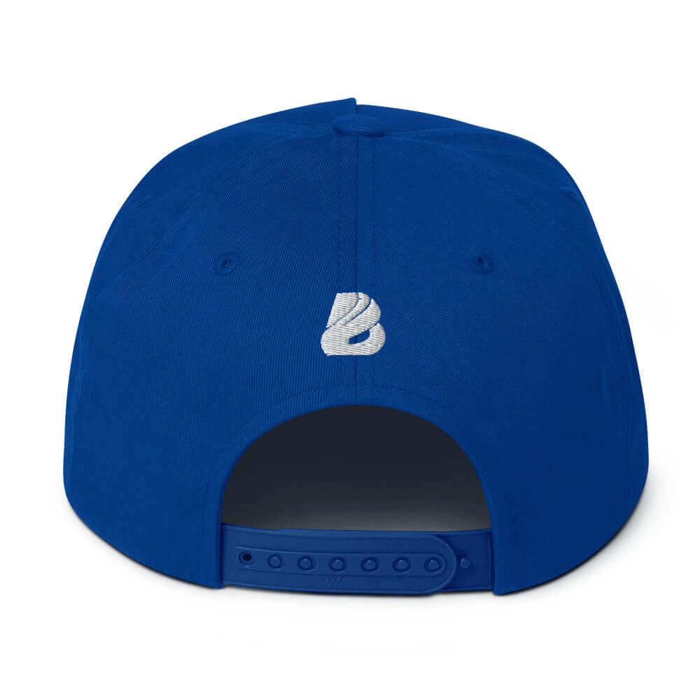 Blue Flat Bill-Cap N°1 with logo and adjustable snapback closure, green underbill, 100% cotton cord, high-profile structured design.